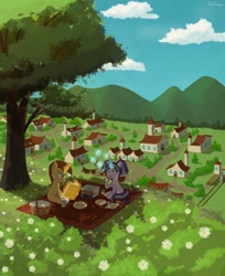 Size: 1625x1988 | Tagged: safe, artist:muwbooq, starlight glimmer, basket, book, bush, colt, colt sunburst, cookie, crayon drawing, daisy (flower), female, filly, filly starlight glimmer, flower, foal, food, g4, horn, imported from derpibooru, male, picnic, picnic basket, picnic blanket, pony, scene interpretation, ship:starburst, shipping, sire's hollow, straight, sunburst, traditional art, train, tree, unicorn, younger