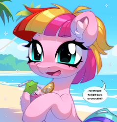 Size: 1550x1623 | Tagged: safe, artist:stinkycheez, alcohol, beach, cocktail, drink, drinking straw, ear fluff, earth pony, female, filly, foal, food, g4, half body, imported from derpibooru, orange, pony, signature, sky, smiling, solo, speech bubble, text, toola roola, water