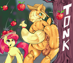 Size: 1854x1600 | Tagged: explicit, artist:inklosle, apple bloom, applejack, :o, anus, apple, apple tree, applebloom, applebucking, applebutt, back, backsack, balancing, balls, basket, butt, butt bump, butt freckles, butt smash, dickgirl, duo, earth pony, female, filly, foal, food, freckles, futa, futa applejack, g4, genitals, imported from derpibooru, intersex, nudity, onomatopoeia, open mouth, open smile, plot, ponut, pony, semi-anthro, smiling, taint, the ass was fat, tree, veiny balls
