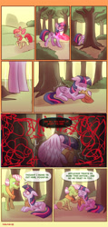 Size: 1431x3000 | Tagged: safe, artist:pixelpub, apple bloom, twilight sparkle, comic:friendship is mandatory, alicorn, apple, apple tree, applebloom, applejack's hat, comic, cowboy hat, crying, dialogue, earth pony, female, filly, foal, g4, granny smith, hat, imported from derpibooru, mare, missing cutie mark, outdoors, pony, tree, trio, trio female