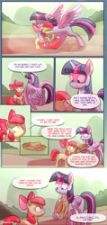 Size: 1431x3000 | Tagged: safe, artist:pixelpub, apple bloom, twilight sparkle, comic:friendship is mandatory, alicorn, applebloom, applejack's hat, comic, cowboy hat, dialogue, duo, duo female, earth pony, female, filly, foal, frown, g4, hat, imported from derpibooru, mare, missing cutie mark, outdoors, pony