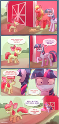 Size: 1431x3000 | Tagged: safe, artist:pixelpub, apple bloom, twilight sparkle, comic:friendship is mandatory, alicorn, applebloom, applejack's hat, barn, big macintosh, comic, cowboy hat, dialogue, earth pony, female, filly, foal, g4, hat, imported from derpibooru, male, mare, missing cutie mark, outdoors, pinpoint eyes, pony, running, stallion, trio