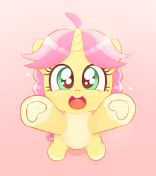 Size: 2300x2600 | Tagged: safe, artist:algoatall, oc, oc:crafty circles, arms in the air, belly, belly button, bow, coat markings, cute, female, filly, foal, freckles, gradient background, happy, heart, hoof heart, horn, imported from derpibooru, oc only, open mouth, pony, socks (coat markings), solo, tail, tail bow, underhoof, unicorn, upsies