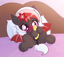 Size: 2000x1800 | Tagged: explicit, artist:algoatall, oc, oc:amaryllis, anatomically correct, banana, bat pony, bat pony oc, bed, blushing, blushing profusely, cute, cute porn, dock, fangs, female, filly, flower, flower in hair, foal, foalcon, food, genitals, imported from derpibooru, insertion, lying down, masturbation, nudity, oc only, on back, on bed, open mouth, solo, solo female, spread legs, spread wings, spreading, tail, underage, vaginal insertion, vaginal secretions, vulva, watching it go in, wings