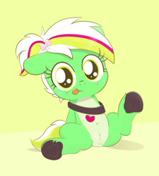 Size: 1800x2000 | Tagged: explicit, artist:algoatall, oc, oc:gumdrops, :p, alternate hairstyle, alternate version, belly, belly button, bow, collar, crotchboobs, cute, cute porn, female, filly, foal, foalcon, freckles, imported from derpibooru, looking at you, nipples, nudity, oc only, pegasus, pegasus oc, pony, pubic mound, side ponytail, sitting, solo, tongue out, underage