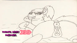Size: 1920x1080 | Tagged: explicit, artist:andy hunter, oc, oc:rainbow blossom, anus, bed, butt, butt focus, clothes, emo, female, filly, foal, foalcon, g4, genitals, imported from derpibooru, jacket, large butt, nudity, oc only, pegasus, ponut, ponytail, traditional art, vulva