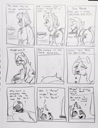 Size: 2296x2987 | Tagged: safe, artist:pony quarantine, oc, oc:dyx, oc:horehound, oc:nard, oc:ponyquarantine, series:pq funnies, alicorn, candy, comic, comic strip, dialogue, drink, drinking, earth pony, eating, female, filly, foal, food, grayscale, human, imported from derpibooru, male, mare, monochrome, oc only, pencil drawing, pony, soup, speech bubble, traditional art