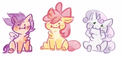 Size: 3840x1834 | Tagged: safe, artist:lbrcloud, apple bloom, scootaloo, sweetie belle, :i, applebloom, cute, cutie mark crusaders, dot eyes, earth pony, female, filly, foal, g4, horn, imported from derpibooru, looking at you, pegasus, pony, simple background, sitting, smiling, smiling at you, trio, trio female, unicorn, white background