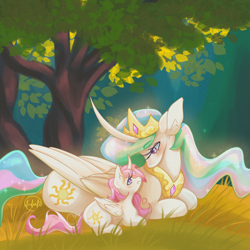 Size: 1920x1920 | Tagged: safe, artist:fufufii, princess celestia, age difference, alicorn, blushing, cewestia, curved horn, female, filly, filly celestia, foal, g4, horn, imported from derpibooru, long eyelashes, looking at each other, looking at someone, lying down, noise, open mouth, open smile, outdoor sex, outdoors, pink-mane celestia, pony, prone, quadrupedal, self paradox, self ponidox, sex, smiling, smiling at someone, tree, younger