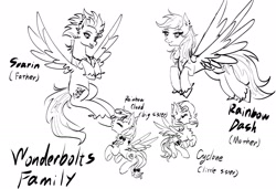 Size: 2048x1402 | Tagged: safe, artist:sunflower3565, rainbow dash, oc, oc:cyclone, oc:rainbow cloud, family, female, filly, foal, g4, imported from derpibooru, male, mare, offspring, parent:rainbow dash, parent:soarin', parents:soarindash, pegasus, pony, ship:soarindash, shipping, sketch, soarin', stallion, straight, wonderbolts family