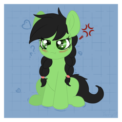 Size: 1500x1500 | Tagged: safe, artist:tavy, oc, oc:filly anon, abstract background, angry, big eyes, blushing, braid, chibi, cross-popping veins, cute, earth pony, emanata, female, filly, foal, grid background, grumpy, imported from derpibooru, oc only, passepartout, pony, sitting, solo