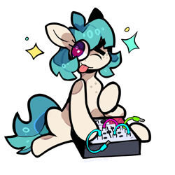 Size: 1069x1069 | Tagged: safe, artist:shaiatka, oc, oc:wind chime (idadeerz), :p, cables, earth pony, eurorack, female, filly, foal, freckles, imported from derpibooru, looking at you, modular synthesizer, musical instrument, oc only, one eye closed, playing instrument, pony, simple background, sitting, solo, stars, synthesizer, tongue out, white background, wink