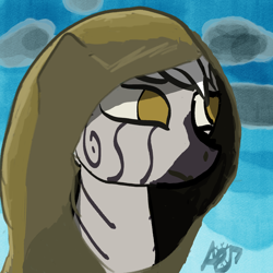 Size: 2048x2048 | Tagged: safe, artist:aer, oc, oc:pythia, bust, cloud, derpibooru exclusive, digital art, fallout equestria, fallout equestria: homelands, fallout equestria: project horizons, fanfic art, female, filly, foal, imported from derpibooru, looking away, looking sideways, oc only, portrait, signature, sky, solo, zebra