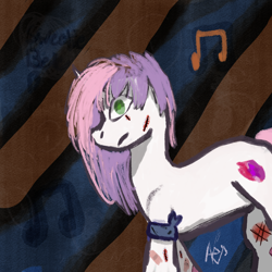 Size: 2048x2048 | Tagged: safe, artist:aer, sweetie belle, oc, oc:sweetie belle (aer), armband, band-aid, digital art, eye, eyes, facial scar, female, filly, foal, g4, haunted, horn, imported from derpibooru, looking at you, music notes, pony, scar, sideways, signature, solo, stare, unicorn