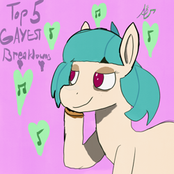 Size: 2048x2048 | Tagged: safe, artist:aer, oc, oc:wind chime (idadeerz), digital art, earth pony, emanata, female, filly, foal, freckles, half body, hoof on chin, imported from derpibooru, looking sideways, music notes, oc only, pony, signature, solo, text, yearning