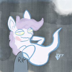 Size: 2048x2048 | Tagged: safe, artist:aer, oc, oc:chanter, digital art, female, filly, foal, ghost, ghost pony, gravestone, imported from derpibooru, moon, oc only, pony, signature, smug, solo, swirly eyes, undead