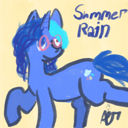 Size: 2048x2048 | Tagged: safe, artist:aer, oc, oc:summer rain (pastacrylic), digital art, female, filly, foal, full body, glasses, horn, imported from derpibooru, oc only, pony, signature, simple background, solo, unicorn, yellow background