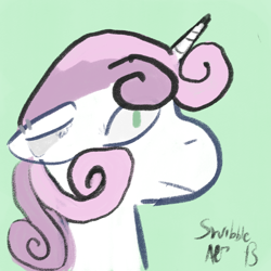 Size: 2048x2048 | Tagged: safe, artist:aer, sweetie belle, oc, oc:sweetie belle (aer), bust, digital art, female, filly, foal, g4, green background, horn, imported from derpibooru, pony, portrait, profile, signature, simple background, solo, unicorn
