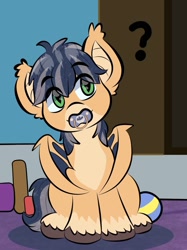 Size: 1535x2048 | Tagged: safe, artist:doodle-hooves, oc, oc:dreamy dusk, bat pony, bat wings, colt, eye clipping through hair, foal, imported from derpibooru, male, oc only, pacifier, sitting, solo, wings