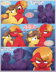 Size: 2550x3300 | Tagged: safe, artist:yellowartpone, comic:the time between us, abstract background, anonymous, argument, big macintosh, blank flank, brown mane, bully, bullying, caramel, colt, colt big macintosh, colt caramel, comic, comic page, comic panel, cute, dialogue, duo, duo male, earth pony, english, excited, first day of school, foal, freckles, g4, gay, green eyes, grunting, happy, huffing, imported from derpibooru, introduction, laughing, looking at each other, looking at someone, male, orange mane, pony, red coat, shadowed face, short mane, smiling, smiling at someone, speech bubble, teasing, yelling, yellow coat, younger