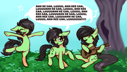 Size: 1521x865 | Tagged: safe, artist:fledglingfilly, oc, oc:filly anon, /mlp/, ahh ke gaa luuu, background, dancing, eyes closed, female, filly, foal, imported from derpibooru, oc only, outdoors, pony, singing, speech bubble, standing, standing on one leg, tree, trio, trio female