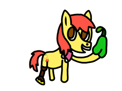 Size: 1024x768 | Tagged: safe, artist:gabi-love, adorasprout, amputee, apple sprout, cute, earth pony, female, filly, foal, food, g4, holding, imported from derpibooru, no pupils, open mouth, pear, pony, prosthetic leg, prosthetic limb, prosthetics, teeth