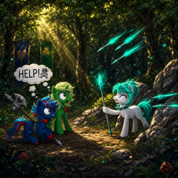 Size: 1024x1024 | Tagged: safe, oc, oc:elvi, oc:hellfire, ai assisted, ai content, axe, battle axe, bone, cloak, clothes, colt, danger, earth pony, edit, fantasy, female, fight, foal, forest, help, horn, human, humanized, imported from derpibooru, kisekae, magic, male, mare, nature, pegasus, pony, pony creator, skull, skull and crossbones, spear, stone, tree, unicorn, weapon, wizard, young