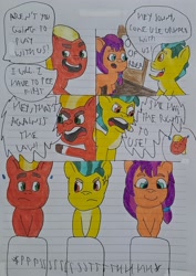 Size: 1772x2500 | Tagged: safe, artist:hoffmann10102010, colt, colt hitch trailblazer, colt sprout cloverleaf, female, filly, filly sunny starscout, foal, g5, hitch trailblazer, implied peeing, imported from derpibooru, lined paper, male, pissing, promingent female, sprout cloverleaf, story included, sunny starscout, traditional art, urinal, younger