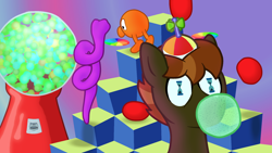 Size: 1920x1080 | Tagged: safe, button mash, anonymous artist, ball, bubblegum, coily the snake, colt, cubes, disc, earth pony, falling, foal, food, g4, game, gradient background, gum, gumball machine, hourglass, imported from derpibooru, jumping, male, pony, pyramid, q*bert, shading, snake, stopped time, trio, trippy, wingding eyes