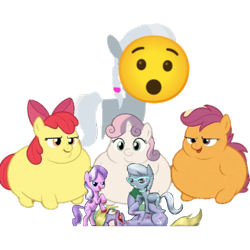 Size: 512x512 | Tagged: grotesque, semi-grimdark, suggestive, artist:catopotsprunkioren, apple bloom, diamond tiara, scootaloo, silver spoon, sweetie belle, 1000 years in photoshop, abuse, apple blob, applebloom, blood, cutie mark crusaders, derpy hooves, derpybuse, dt, fat, female, filly, foal, g4, imported from derpibooru, mare, pony, scootalard, ss, sweetie belly, wat