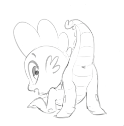 Size: 868x880 | Tagged: suggestive, artist:decentfeather, spike, all fours, anus, butt, dragon, foalcon, g4, imported from derpibooru, male, monochrome, nudity, presenting, presenting butt, simplistic anus, solo, solo male