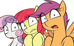 Size: 3342x2097 | Tagged: safe, artist:madragon, apple bloom, scootaloo, sweetie belle, applebloom, bust, cringing, cutie mark crusaders, earth pony, eye clipping through hair, eyebrows, eyebrows visible through hair, female, filly, foal, g4, gritted teeth, horn, imported from derpibooru, looking at you, open mouth, pegasus, pony, raised eyebrow, raised hoof, simple background, teeth, trio, trio female, unicorn, white background