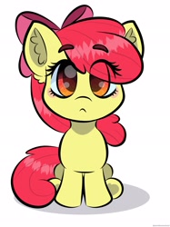Size: 1535x2048 | Tagged: safe, artist:doodle-hooves, apple bloom, adorabloom, alternate character, alternate version, applebloom, blush sticker, blushing, cute, ear fluff, earth pony, eye clipping through hair, eyebrows, eyebrows visible through hair, female, filly, foal, g4, imported from derpibooru, looking at you, pony, simple background, sitting, solo, underhoof, white background