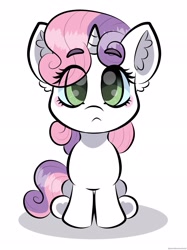 Size: 1535x2048 | Tagged: safe, artist:doodle-hooves, sweetie belle, alternate character, alternate version, blush sticker, blushing, cute, diasweetes, ear fluff, eye clipping through hair, eyebrows, eyebrows visible through hair, female, filly, foal, g4, horn, imported from derpibooru, looking at you, pony, simple background, sitting, solo, underhoof, unicorn, white background