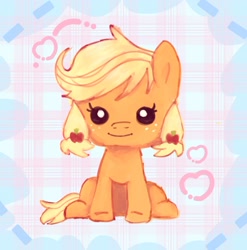 Size: 1332x1349 | Tagged: safe, artist:maplespecs, applejack, baby, babyjack, blonde mane, cute, earth pony, female, filly, foal, g4, imported from derpibooru, jackabetes, looking at you, orange coat, patterned background, pony, smiling, smiling at you, solo, younger