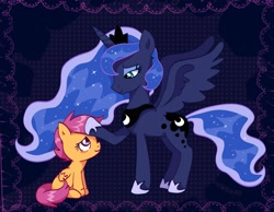 Size: 2048x1586 | Tagged: safe, artist:maplespecs, princess luna, scootaloo, alicorn, blue coat, blue eyes, blue mane, cute, duo, duo female, eyeshadow, female, filly, foal, g4, head pat, imported from derpibooru, makeup, mare, orange coat, pat, pegasus, pony, purple eyes, purple mane