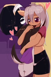 Size: 1200x1800 | Tagged: explicit, artist:an-m, oc, oc:har glind, anthro, ass, balls, big breasts, breasts, butt, clothes, furry, furry oc, genitals, hug, imported from derpibooru, non-mlp oc, non-pony oc, nudity, shorts, shotacon