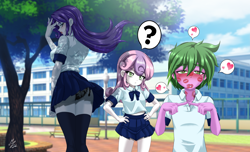 Size: 4084x2481 | Tagged: suggestive, artist:mauroz, rarity, spike, sweetie belle, age difference, alternate version, bench, breasts, butt, clothes, equestria girls, female, g4, human, human spike, humanized, implied pedophilia, imported from derpibooru, kiss mark, legwear, lipstick, male, multiple variants, outdoors, panties, rearity, school uniform, ship:sparity, shipping, shotacon, skirt, straight, thigh highs, tree, trio, underwear, uniform, upskirt