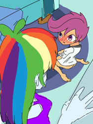 Size: 900x1200 | Tagged: questionable, artist:sirokuke64, rainbow dash, scootaloo, ass, bottomless, butt, clothes, equestria girls, female, imported from twibooru, lolicon, partial nudity, underage