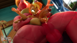 Size: 3168x1783 | Tagged: explicit, artist:snuddy, button mash, 3d, age difference, anal, anthro, ass, balls, big balls, big mcintosh, big penis, blender, butt, colt, crepuscular rays, duo, duo male, earth pony, emanata, erection, eyes rolling back, frontbend, full anal nelson, full nelson, gay, gritted teeth, hat, huge penis, human penis, imported from twibooru, impossibly large penis, lamp, male, muscles, nudity, open mouth, penetration, penis, plantigrade anthro, pony, precum, propeller hat, sex, shotacon, size difference, spread legs, spreading, thighs, thunder thighs, tongue out, underage, window