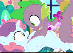 Size: 800x588 | Tagged: explicit, artist:sfan, artist:tricksta, spike, sweetie belle, animated, apron, banned from derpibooru, bed, biting, blushing, clitoris, clothes, creampie, cum, cum on penis, cup, dragon, eyelashes, female, filly, foal, foalcon, food, gif, green eyes, gritted teeth, heart, imported from twibooru, interspecies, kissing, looking at each other, looking at someone, male, nudity, open mouth, penetration, penis, pony, sex, shipping, spikebelle, straight, tea, teacup, teeth, tongue bite, tongue out, underage, unicorn, vaginal, vaginal creampie, vulva, window