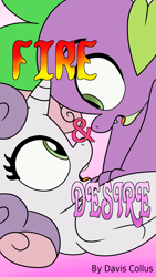 Size: 2160x3840 | Tagged: explicit, artist:daviscollus, artist:tricksta, spike, sweetie belle, banned from derpibooru, cover art, fanfic, fanfic art, female, foalcon, imported from twibooru, looking at each other, male, pinned down, shipping, spikebelle, straight, text, trace, underage