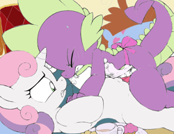 Size: 640x494 | Tagged: explicit, artist:deathsia, artist:tricksta, spike, sweetie belle, apron, banned from derpibooru, clothes, color edit, colored, cup, dragon, edit, eyes closed, female, filly, foalcon, gritted teeth, imported from twibooru, male, penetration, pony, sex, shipping, spikebelle, straight, teacup, tongue out, underage, unicorn, vaginal, wip