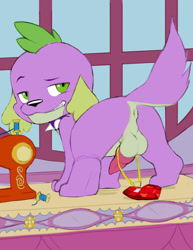 Size: 989x1280 | Tagged: explicit, artist:tricksta, spike, anus, ass, balls, banned from derpibooru, butt, canine penis, color edit, colored, cute, cute porn, dog, edit, equestria girls, fire ruby, foalcon, gem, grin, imported from twibooru, looking at you, male, nudity, penis, presenting, ruby, sewing machine, smiling, solo, solo male, spike the dog, string, underage