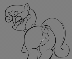 Size: 1920x1578 | Tagged: explicit, artist:nonobody, sweetie belle, animated, anus, bedroom eyes, blinking, blush lines, blushing, butt, butt shake, clitoris, dock, female, filly, foal, foalcon, g4, horn, imported from derpibooru, looking at you, looking back, looking back at you, monochrome, nudity, ponut, pony, smiling, smiling at you, smug, solo, solo female, sweetie butt, tail, unicorn, vaginal secretions, vaginal secretions dripping, vulva, vulvar winking