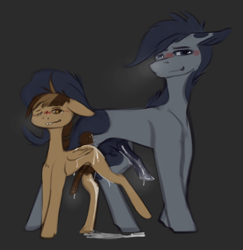 Size: 1271x1310 | Tagged: explicit, artist:geljado, oc, oc:broken symmetry, aftersex, blushing, colt, cum, dripping, dripping cum, earth pony, featherweight, floppy ears, foal, foalcon, g4, gay, genitals, horsecock, huff, imported from derpibooru, male, nudity, pegasus, penis, pony