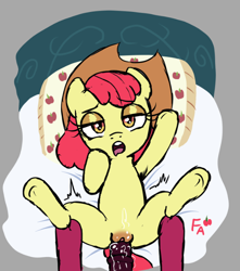 Size: 587x663 | Tagged: explicit, artist:fawxs, apple bloom, age difference, ahegao, applecest, bed, big macintosh, brother and sister, clitoris, dark genitals, earth pony, female, female focus, filly, foal, foalcon, g4, genitals, horsecock, imported from derpibooru, incest, lidded eyes, lying down, male, male and female, male pov, medial ring, missionary position, nudity, offscreen character, offscreen male, on back, on bed, open mouth, penetration, penis, pony, pov, sex, ship:macbloom, shipping, sibling incest, siblings, solo focus, spread legs, spreading, stallion, stallion on filly, straight, tongue out, vaginal, vaginal secretions, vulva