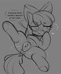 Size: 2036x2473 | Tagged: explicit, artist:nonobody, apple bloom, anus, blushing, butt, clitoris, crotchboobs, delicious flat crotch, dialogue, dock, earth pony, female, filly, foal, foalcon, g4, genitals, imported from derpibooru, looking away, lying down, monochrome, nipples, nudity, on back, ponut, pony, presenting, presenting anus, presenting butt, presenting pussy, solo, solo female, spread legs, spreading, tail, teats, vaginal secretions, vulva, vulvar winking