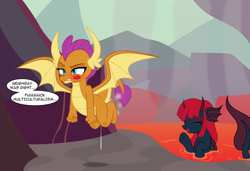 Size: 3890x2654 | Tagged: explicit, artist:badumsquish, oc, series:smolder's scandalous sex life, angry, blushing, broodmare, broodmother, canon x oc, complaining, demon, demon pony, derpibooru exclusive, dialogue, dragon, dragon lands, dripping, dripping precum, dubious consent, duo, estrus, eyes closed, fangs, female, fist, flying, foalcon, frown, g4, gritted teeth, grumpy, high res, horns, implied chancellor neighsay, implied futa, implied interspecies, implied oviposition, imported from derpibooru, kicking, kiss mark, lava, lava pool, lipstick, long mane, magmaid, mare, merpony, monster pony, musk, open mouth, open smile, original species, outdoors, pony, precum, raised tail, red and black oc, red mane, seapony, sharp teeth, shipping, show accurate, smiling, smirk, smolder, smolder is not amused, spread wings, swimming, swimming in lava, tail, teenaged dragon, teeth, unamused, vaginal secretions, vaginal secretions dripping, volcano, vulgar, waving, wings