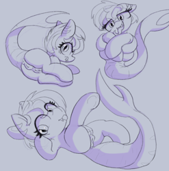 Size: 2004x2031 | Tagged: explicit, artist:zzzsleepy, oc, oc:aurora spring, anus, armpits, blushing, butt, crotchboobs, fangs, female, filly, fish tail, foal, foalcon, g4, genitals, imported from derpibooru, lineart, looking at you, looking back, lying down, monochrome, nipples, nudity, on back, original species, plot, ponut, presenting, presenting pussy, shark, shark pony, shark pony oc, shark tail, shark teeth, simple background, sketch, solo, solo female, tail, tongue out, underhoof, vulva